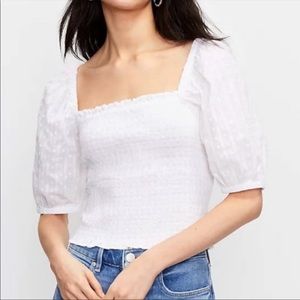 Small Loft Swiss Dot Ruched Puff Sleeve Blouse